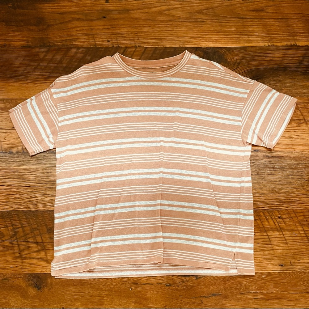 Aerie, Size XS, White and Tan, Distressed Oversized Knit Top